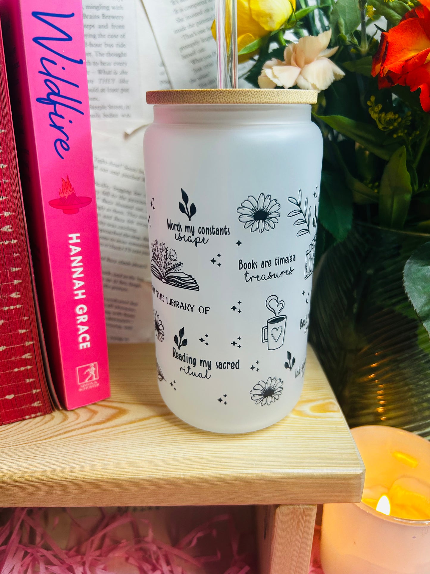 Frosted Glass Bookish Cup with Glass Straw