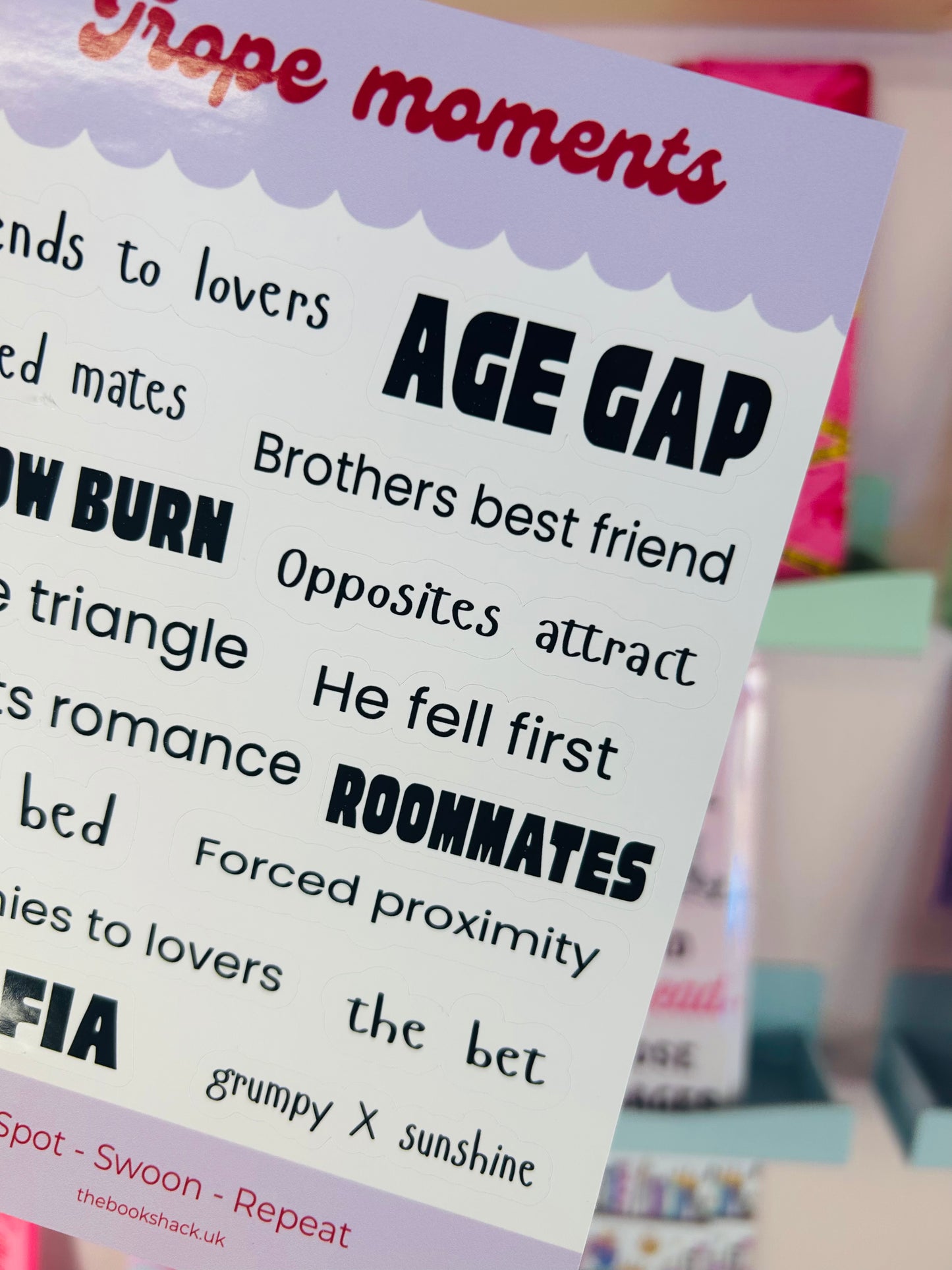 Close-up trope moments sticker sheet featuring bold 'Age Gap' and 'Roommates' text