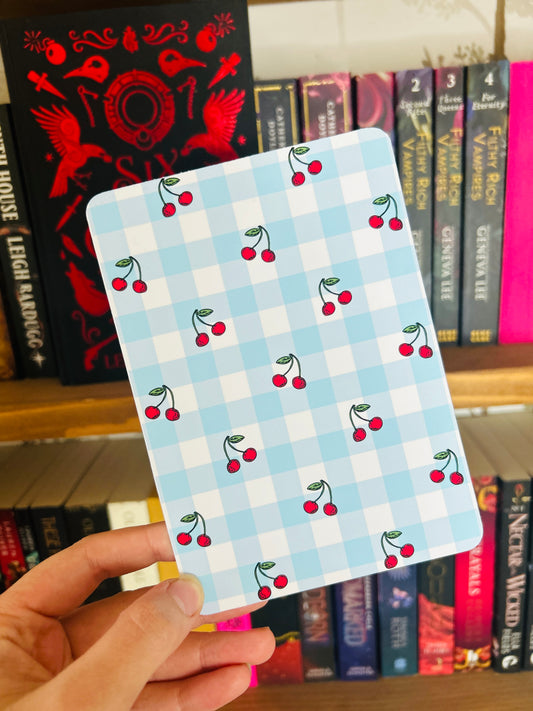 Blue Gingham Cherry Kindle Insert – Red & Green Cherries | Matte Photo Card