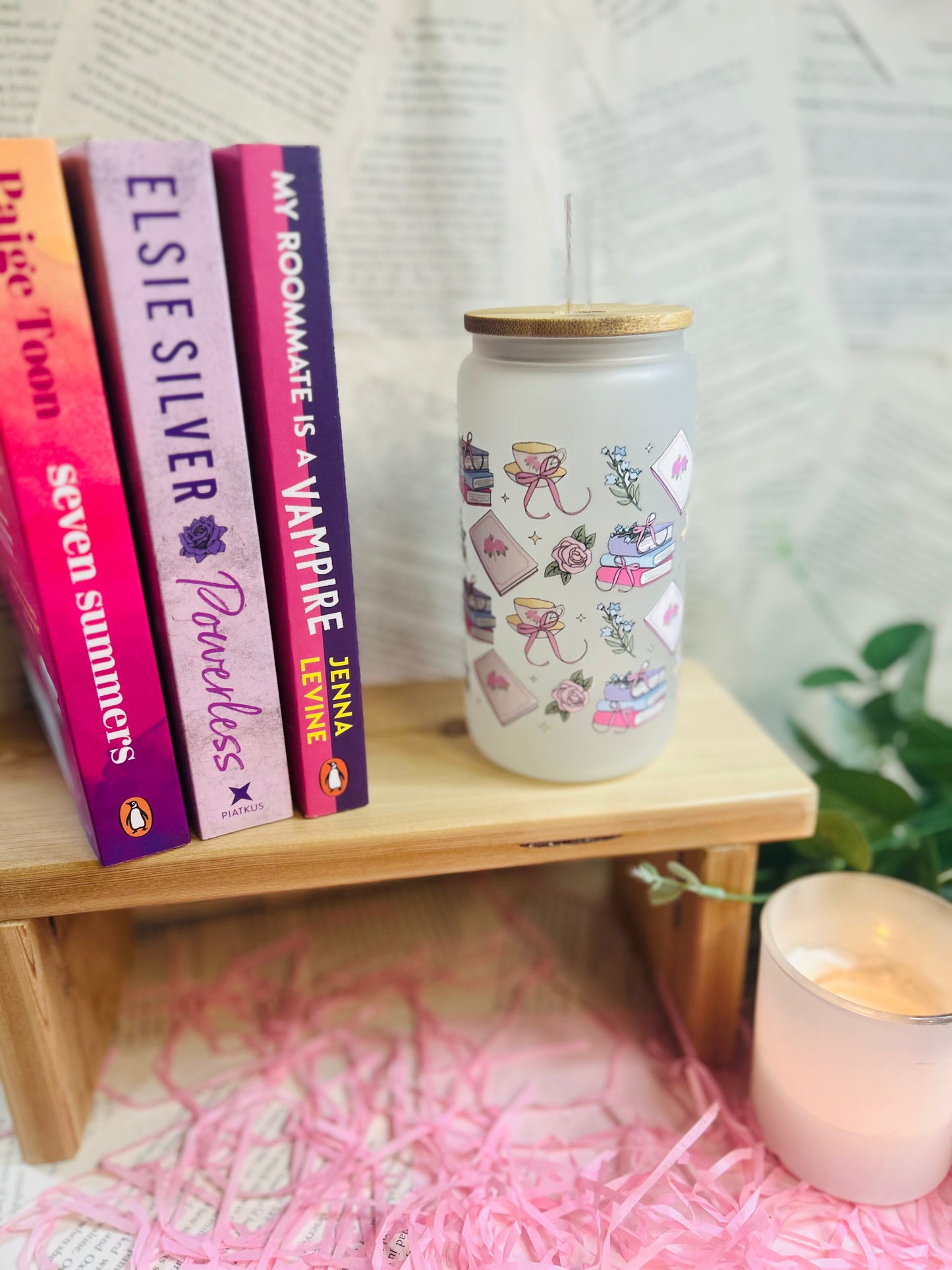 Frosted Glass romance Bookish Cup with Glass Straw