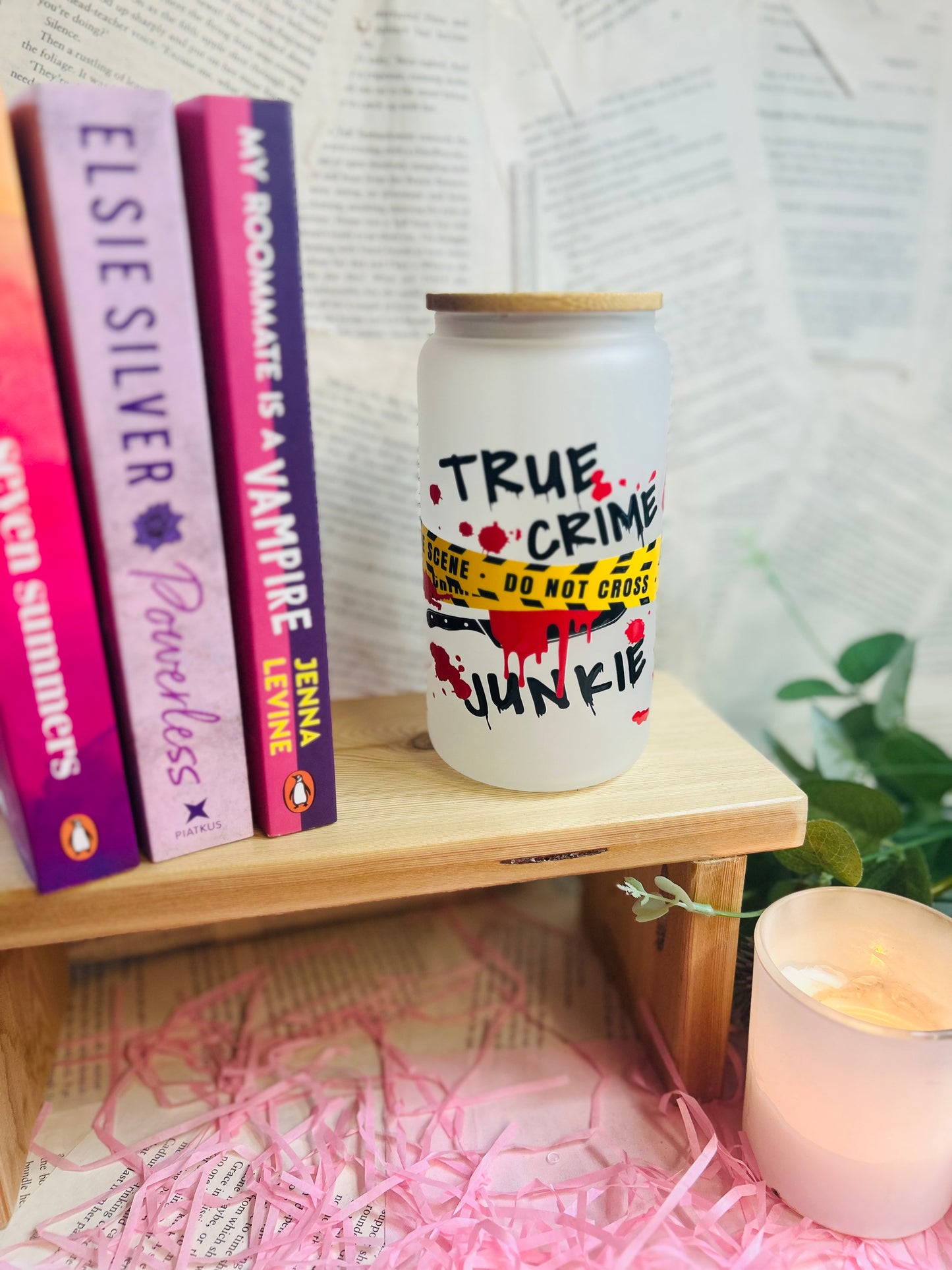 Frosted glass true crime bookish cup with straw