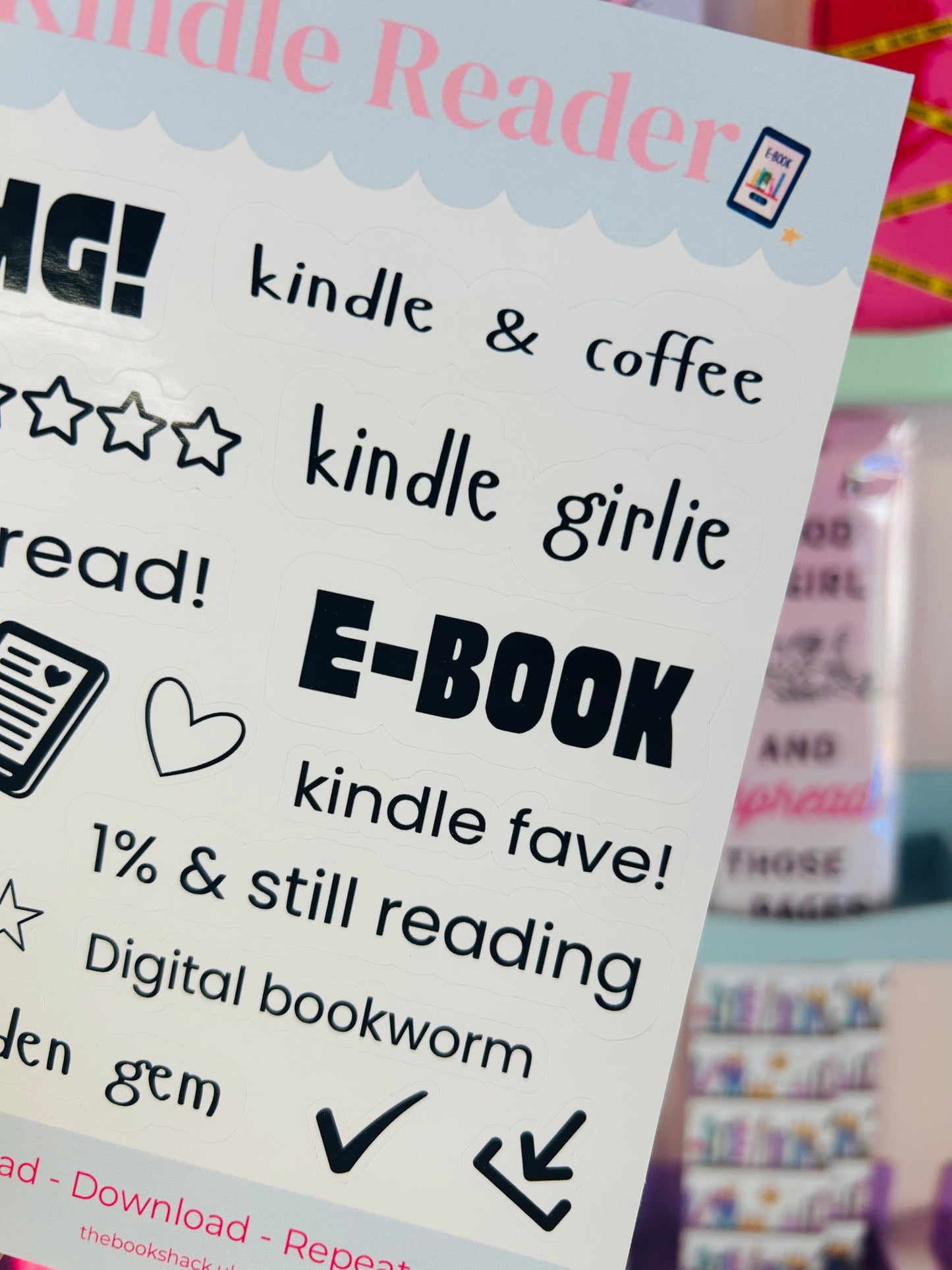 Bookish e-reader sticker sheet with 'E-BOOK', kindle fave, reading and download icons