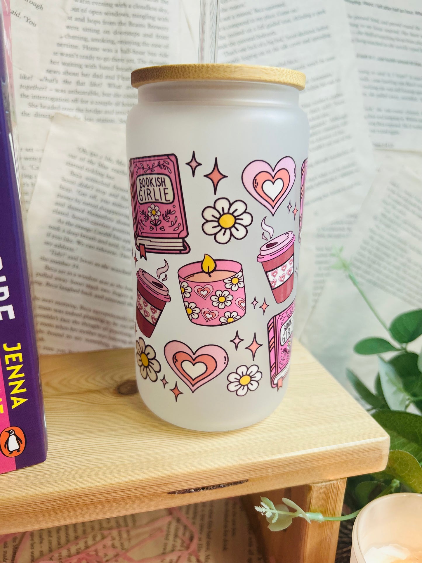 Frosted Glass Bookish pink Cup with Glass Straw