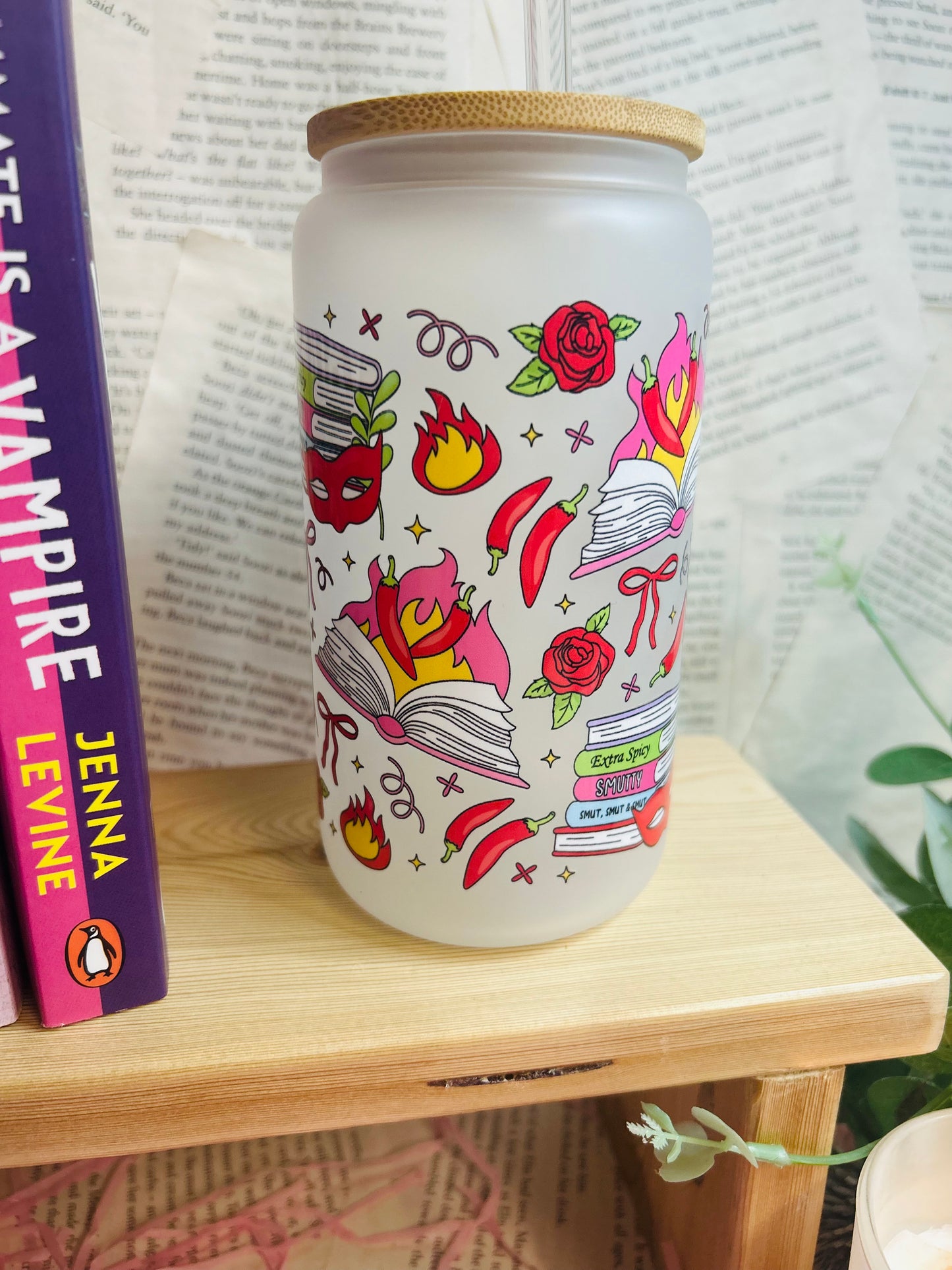 Frosted Glass spicy Bookish Cup with straw