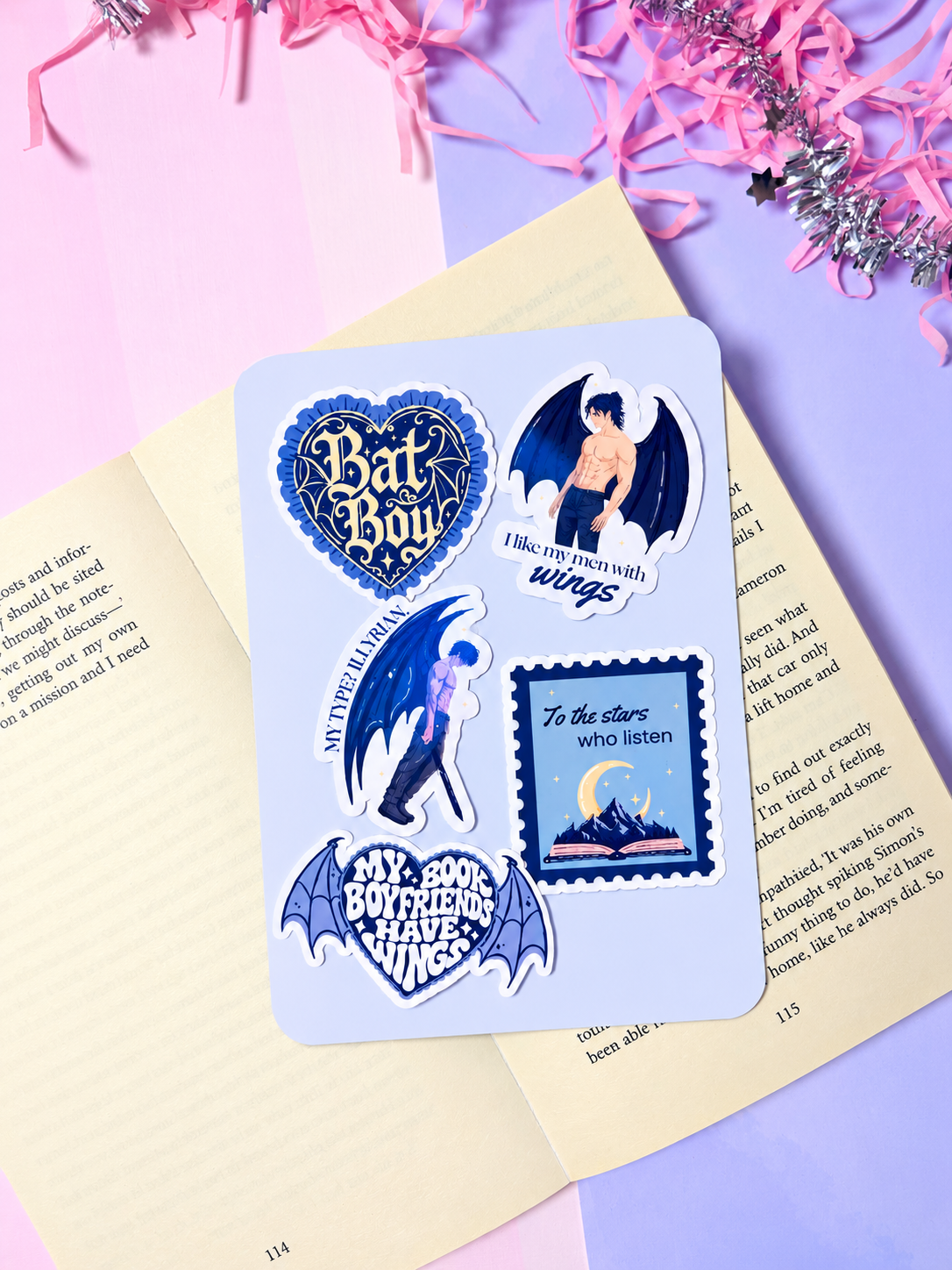 Double-sided Kindle insert with Bat Boy heart designs, silhouettes, and quote card