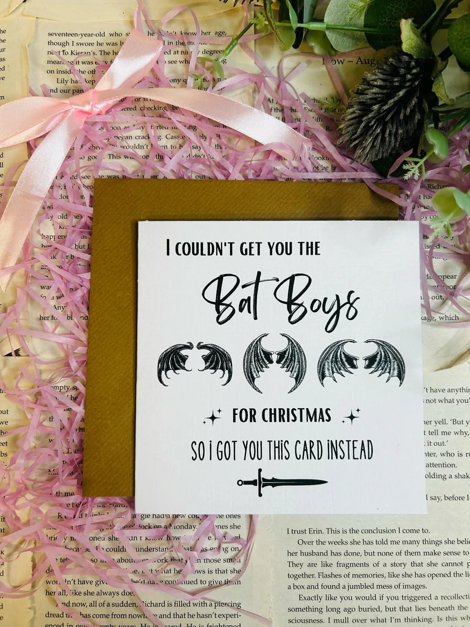 ACOTAR Christmas card featuring the Bat Boys in festive holiday theme, perfect bookish gift for Sarah J. Maas fans.