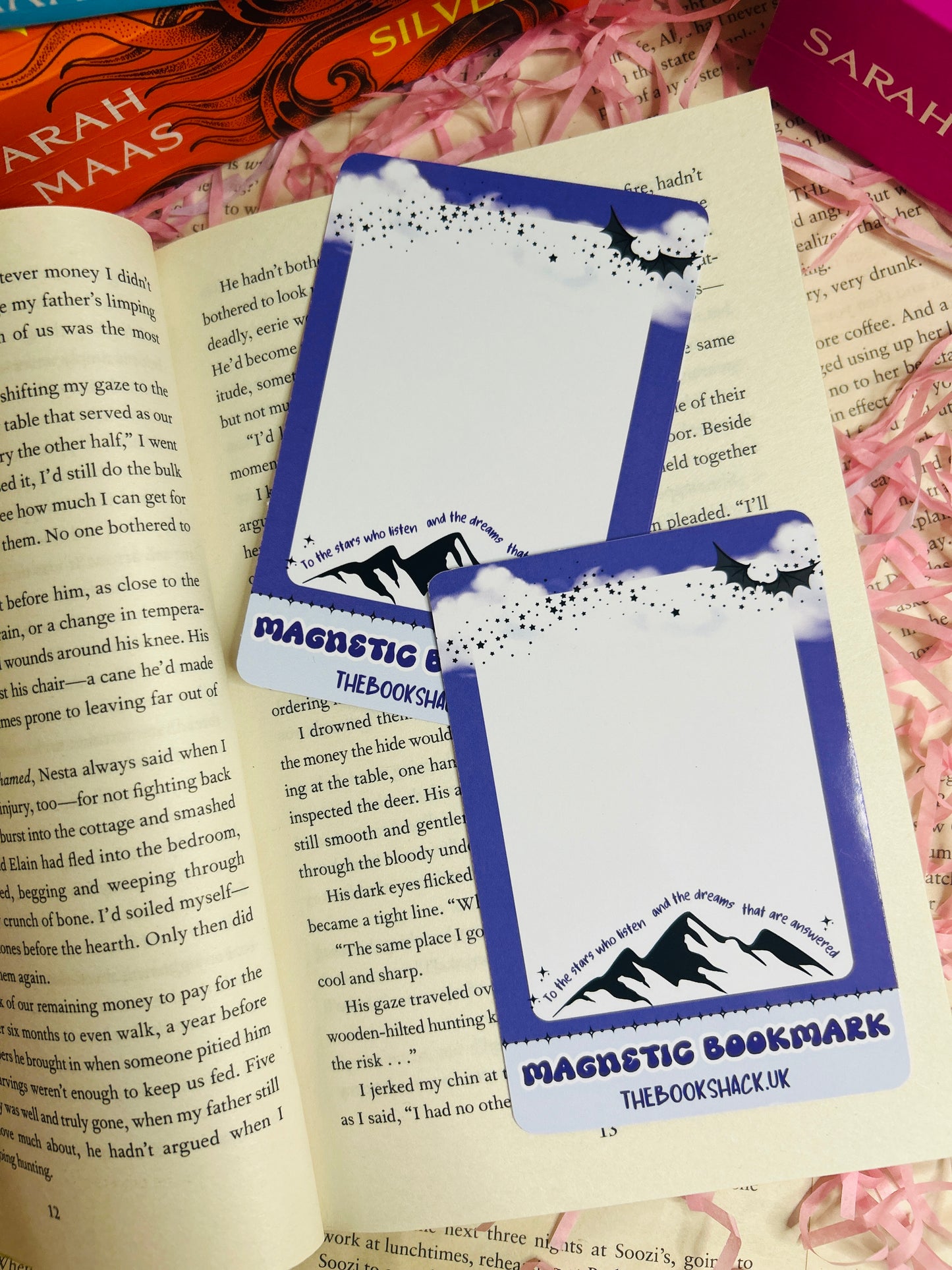 Magnetic bookmark shaped like a sword with bat wings and the phrase "In my Bat Boy era", clipped to an open fantasy book page.