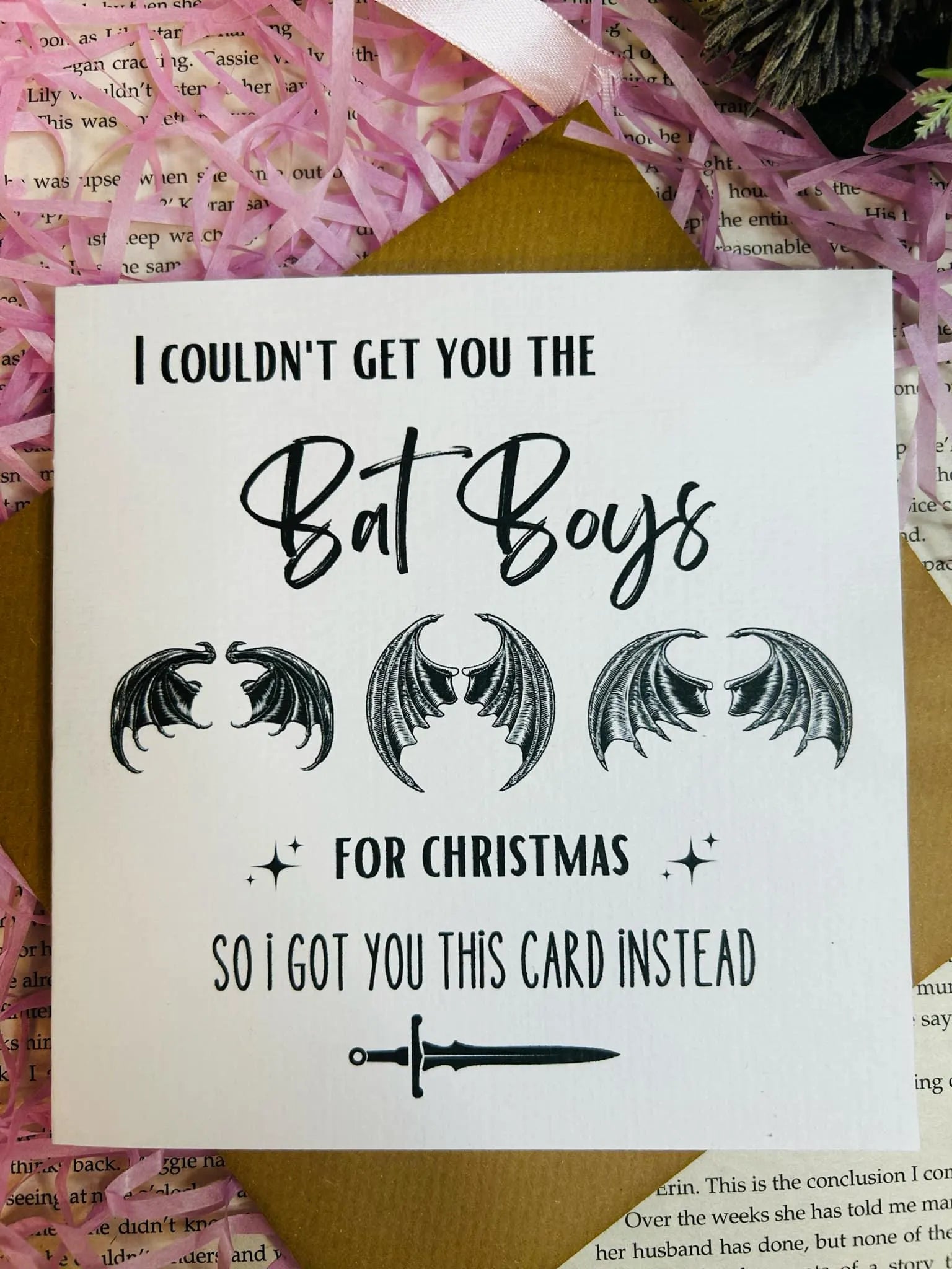 ACOTAR Christmas card featuring the Bat Boys in festive holiday theme, perfect bookish gift for Sarah J. Maas fans.