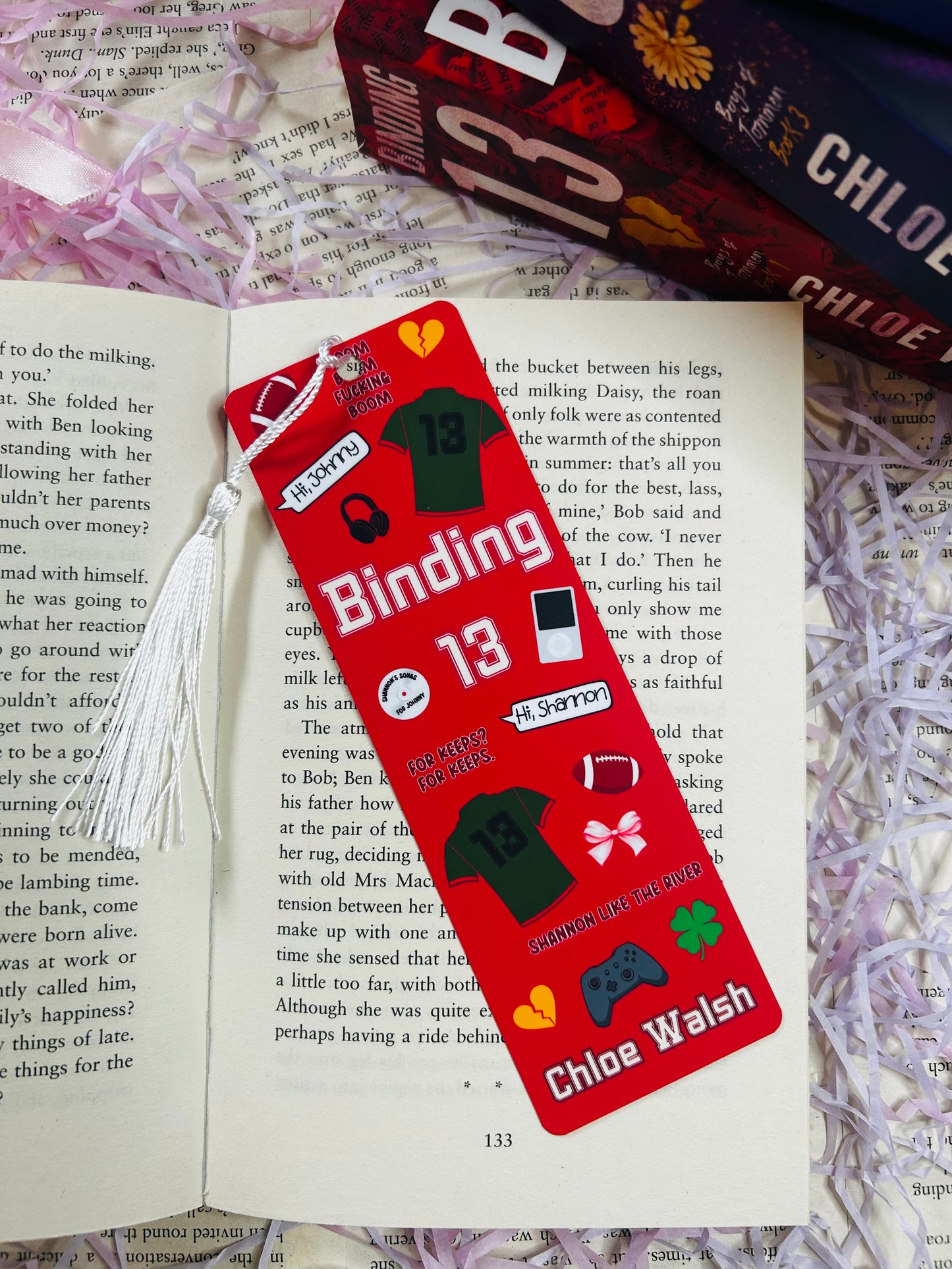 “Set of three Chloe Walsh-themed bookmarks featuring Binding 13, Saving 6, and Taming 7 designs with quotes, symbols, and jerseys.