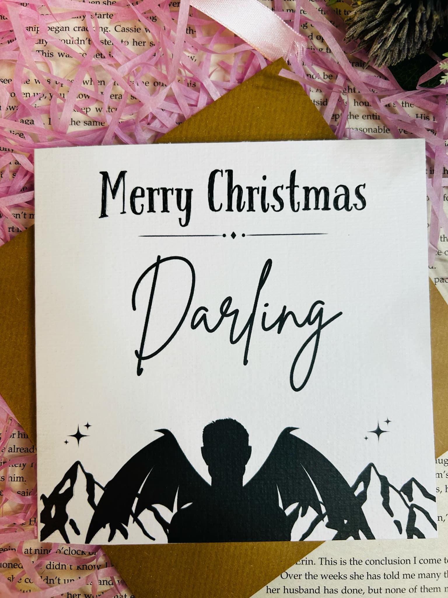 Rhysand Merry Christmas Darling card inspired by ACOTAR, festive bookish holiday card for Sarah J. Maas fans.