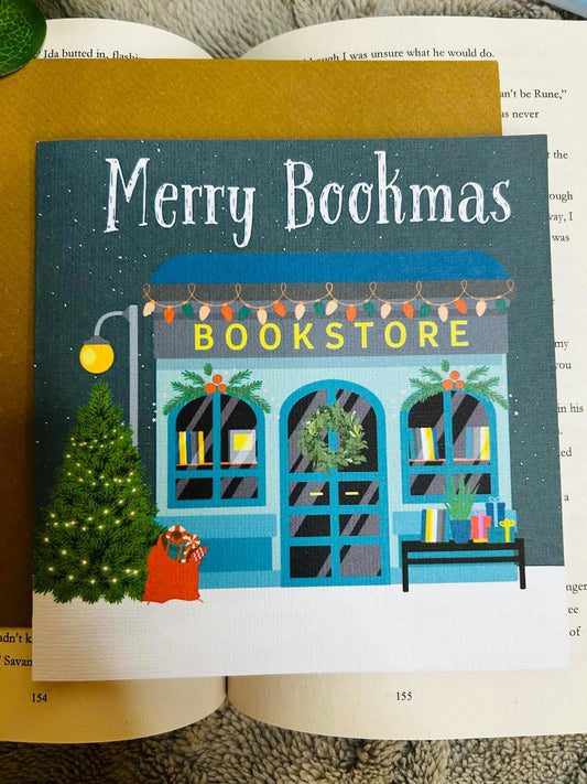 Cosy bookish bookstore Christmas card, festive holiday card for book lovers and readers, perfect literary Christmas gift.