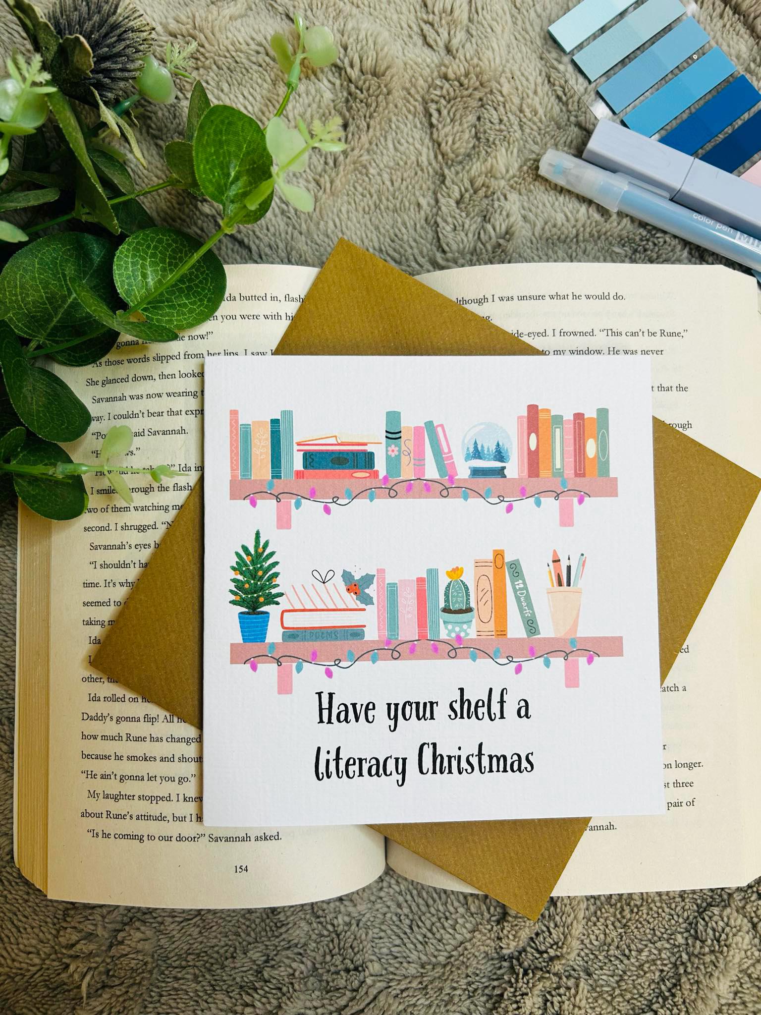 Literary Christmas shelf card featuring festive bookish holiday design, perfect Christmas card for readers and book lovers.