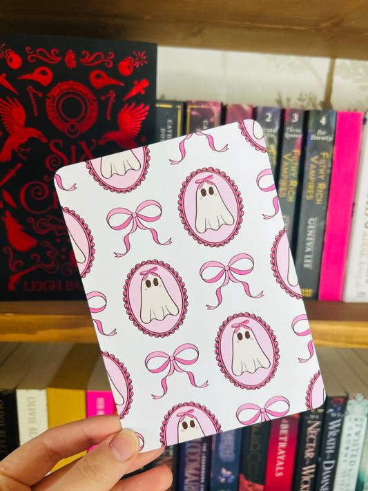 Cute ghosties Kindle insert – pastel ghosts with bows, spooky-cute design on matte photo card.