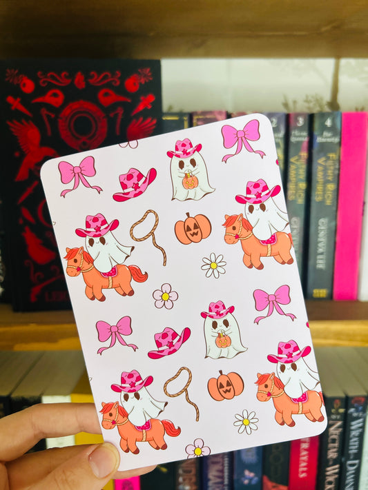 Halloween cowgirl ghosts riding ponies Kindle insert – spooky western design on matte photo card.