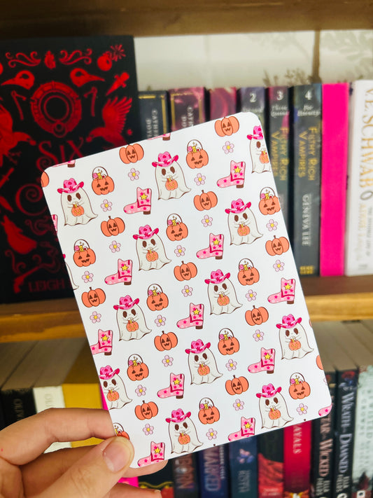 Ghosts in pink cowgirl hats Kindle insert – cute ghost design with pumpkins and cowgirl boot pattern, matte photo card.