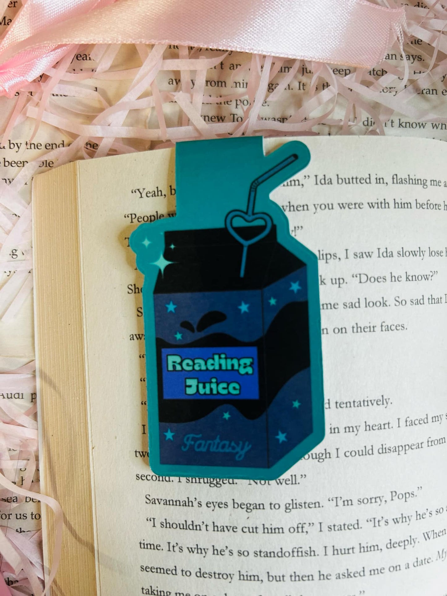 Fantasy-themed 'Reading Juice' magnetic bookmark in the shape of a juice box with celestial blue and black designs