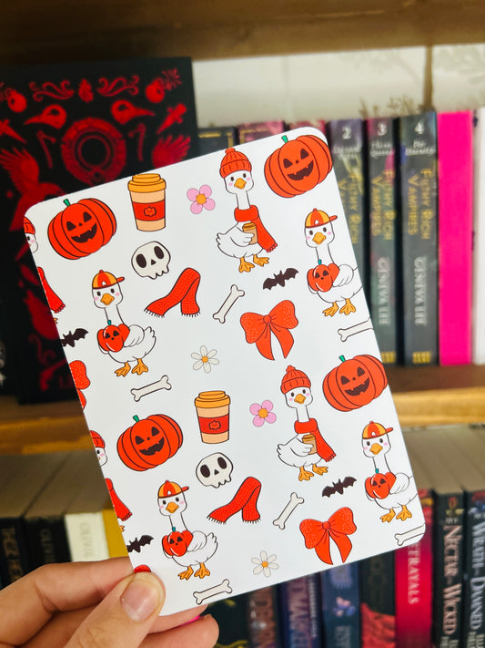 Halloween Goose Kindle Insert – spooky cute goose design on matte photo card with festive seasonal background.