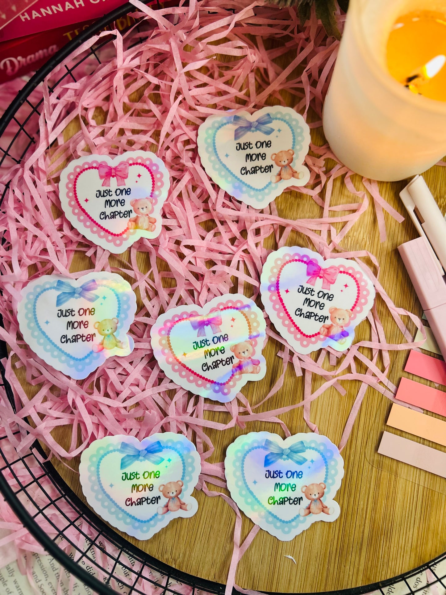Holographic pink and blue love heart sticker with teddy bear and bows