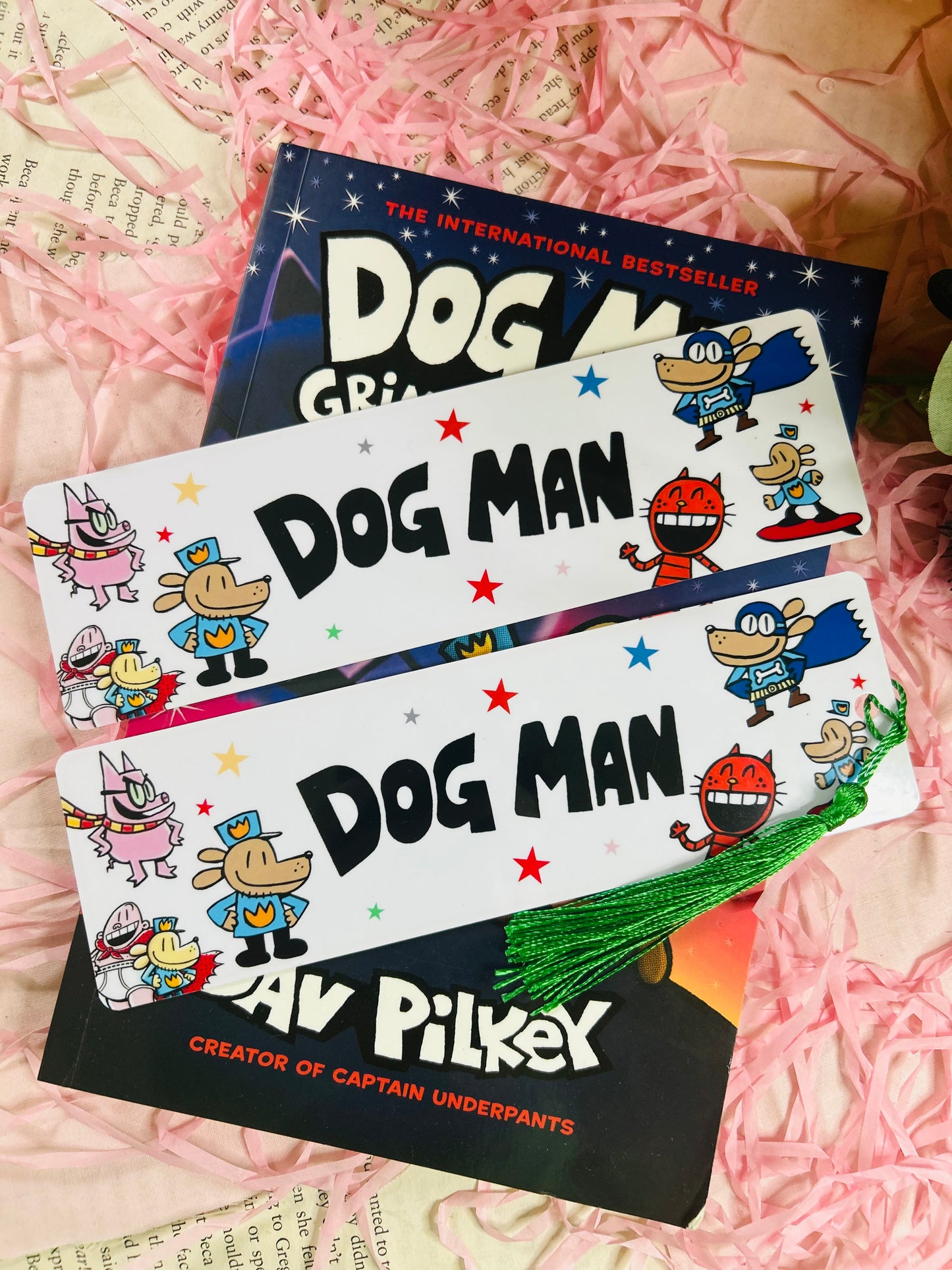 children's dog man bookmark featuring the loveable character's from the children comic book
