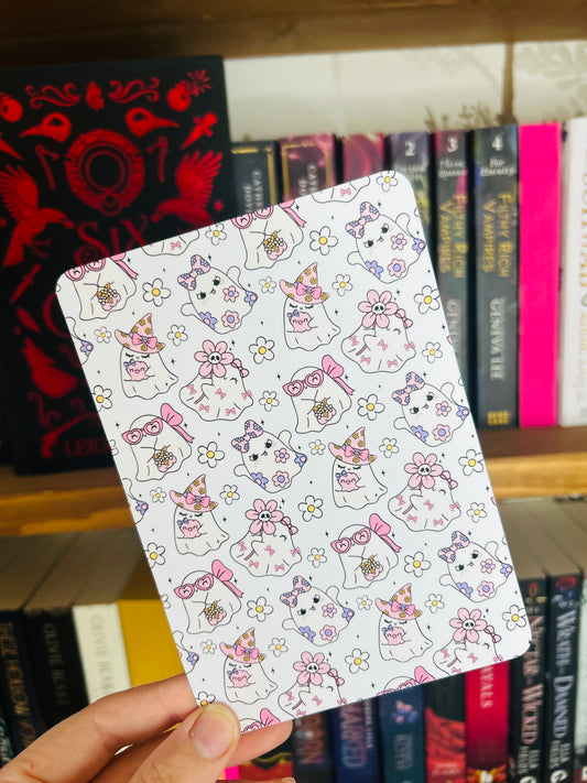 Pastel pink and purple ghost Kindle insert – cute ghosts with witch hats and pink pumpkins, matte photo card with pastel Halloween theme.