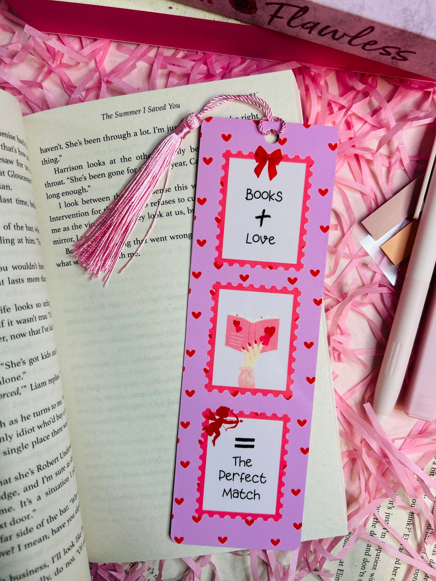 Pink Valentine romance bookmark with tassel, featuring a heart design for a perfect gift for book lovers on Valentine's Day.