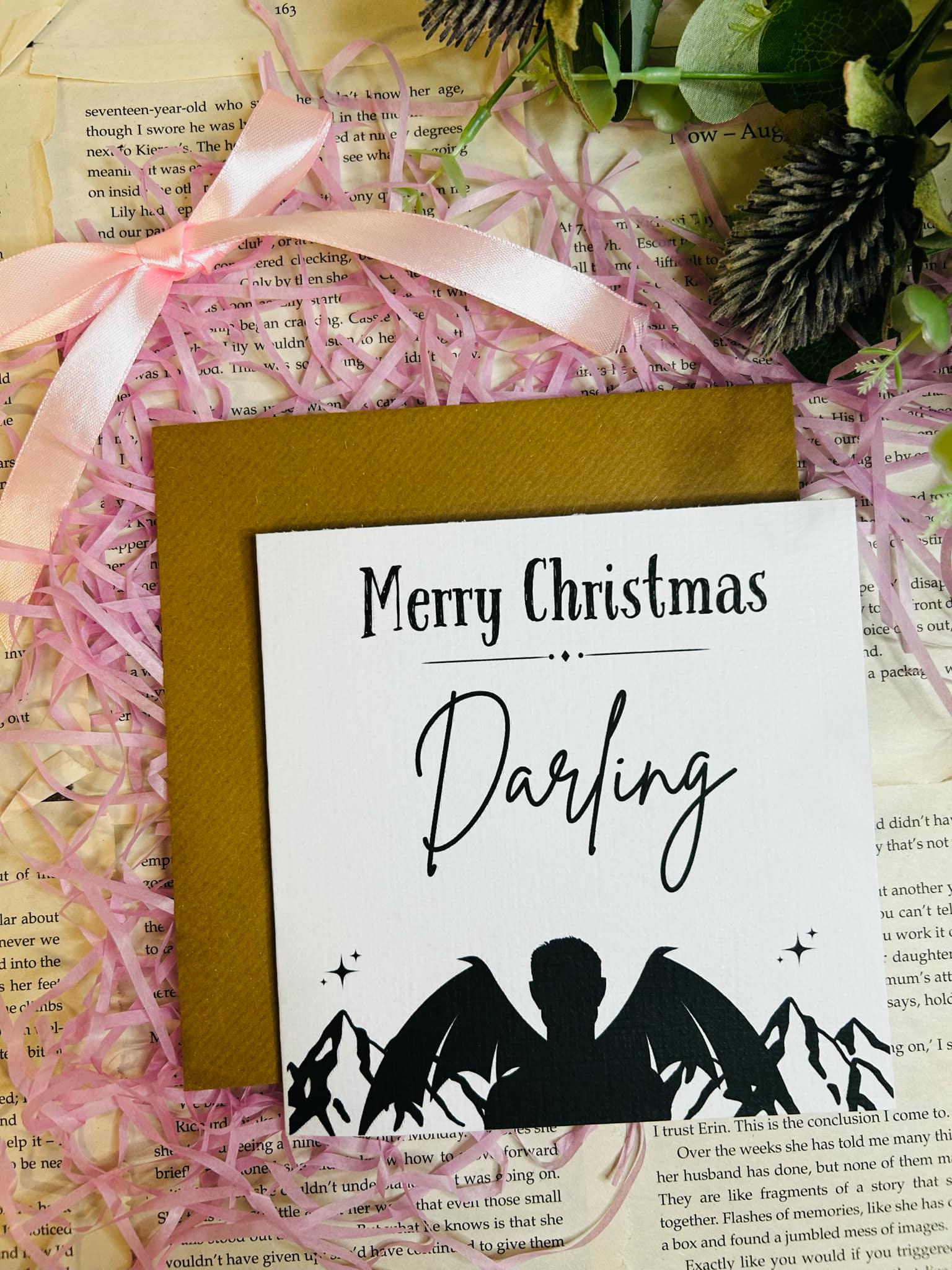 Rhysand Merry Christmas Darling card inspired by ACOTAR, festive bookish holiday card for Sarah J. Maas fans.