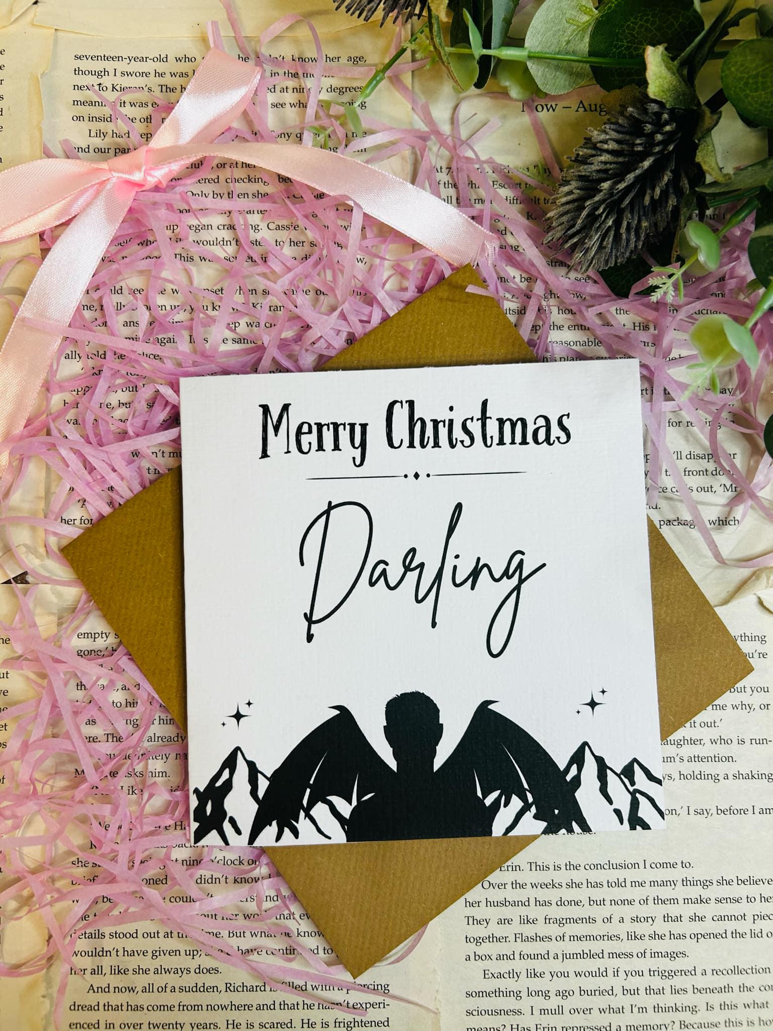 Rhysand Merry Christmas Darling card inspired by ACOTAR, festive bookish holiday card for Sarah J. Maas fans.