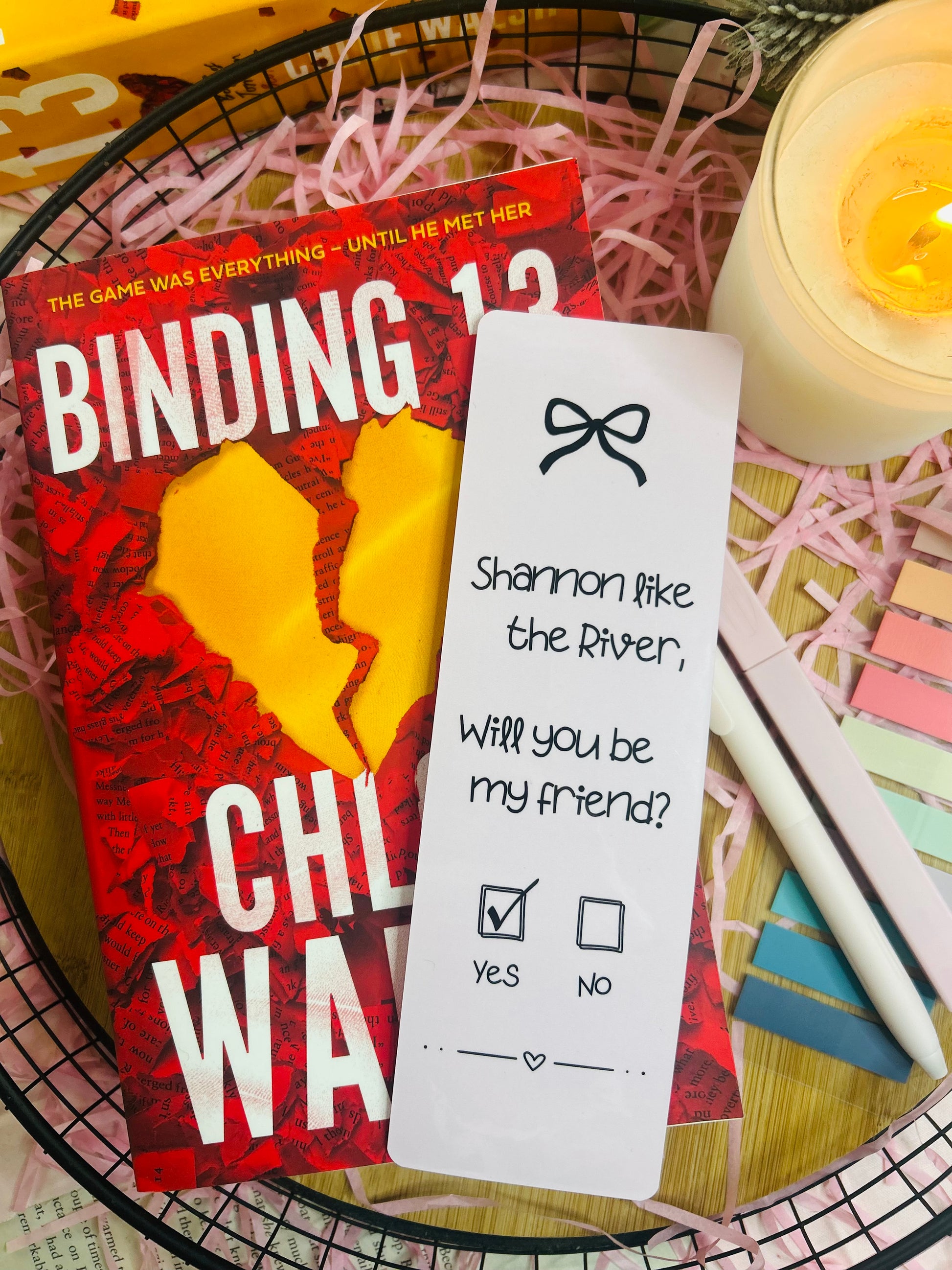 Two pink gingham bookmarks inspired by Binding 13, featuring a friendship note design with the phrase “Shannon like the River, Will you be my friend?” on one and a pink bow pattern on the other, styled with soft bookish decor.