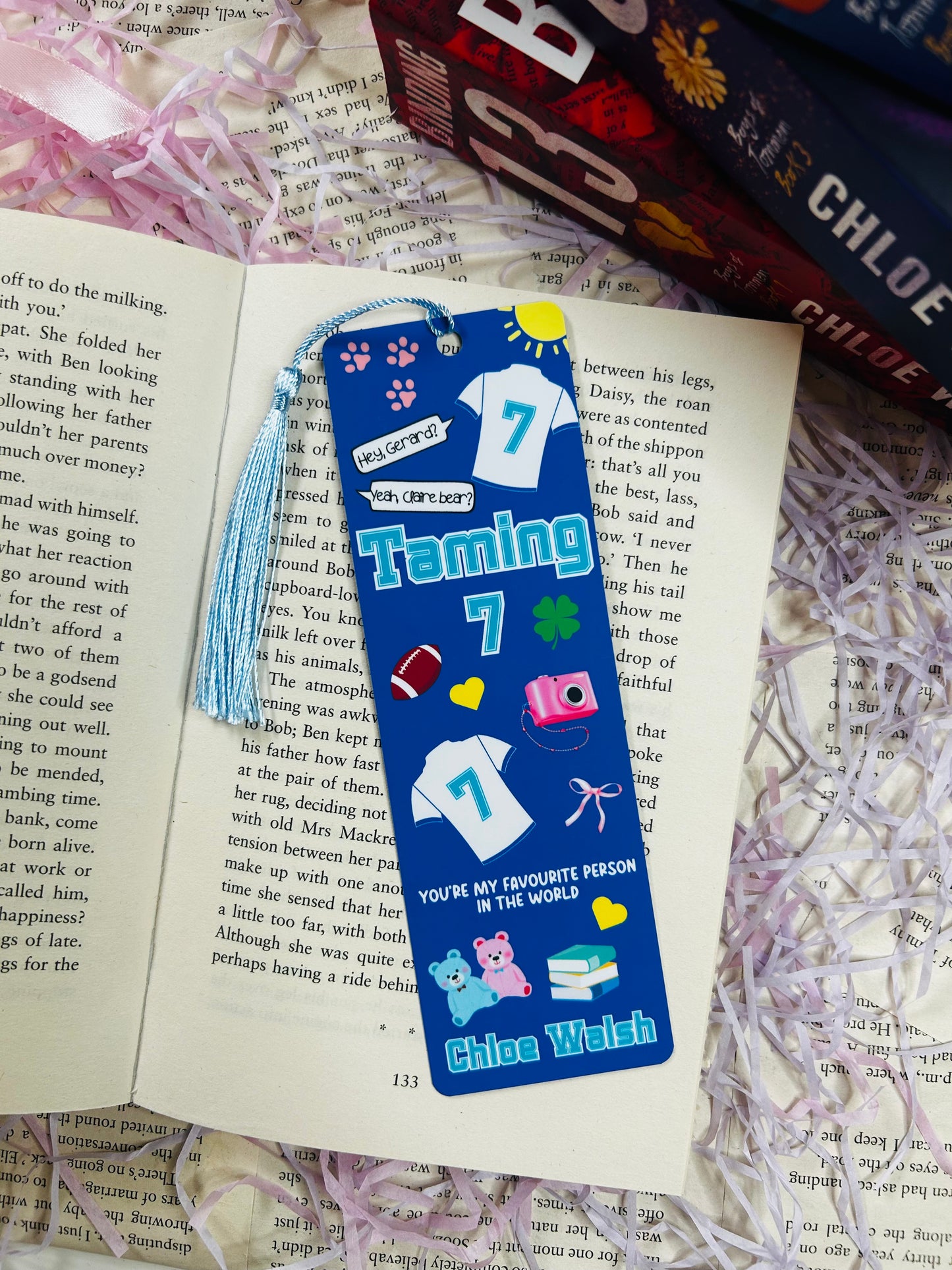 “Set of three Chloe Walsh-themed bookmarks featuring Binding 13, Saving 6, and Taming 7 designs with quotes, symbols, and jerseys.