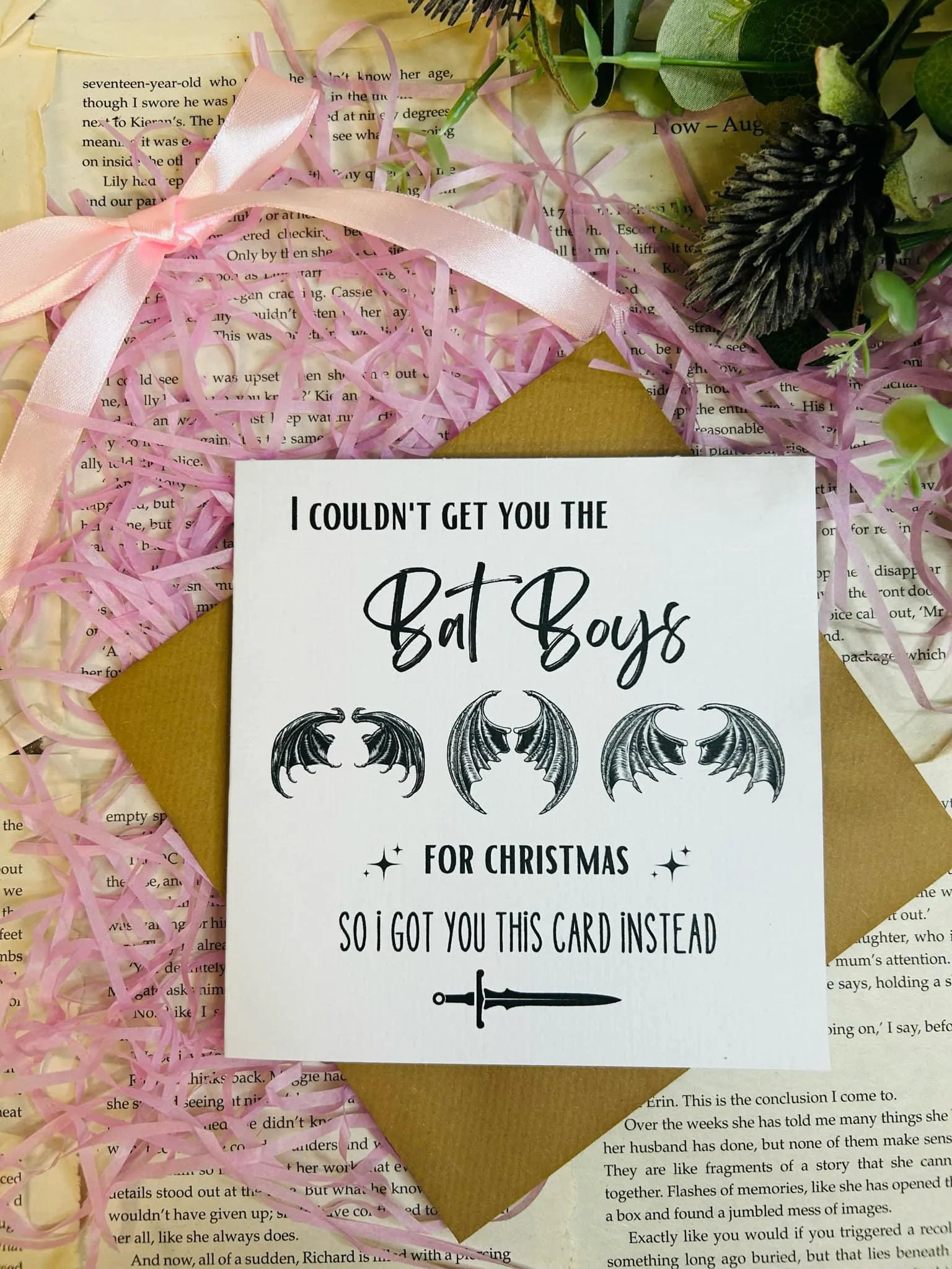 ACOTAR Christmas card featuring the Bat Boys in festive holiday theme, perfect bookish gift for Sarah J. Maas fans.