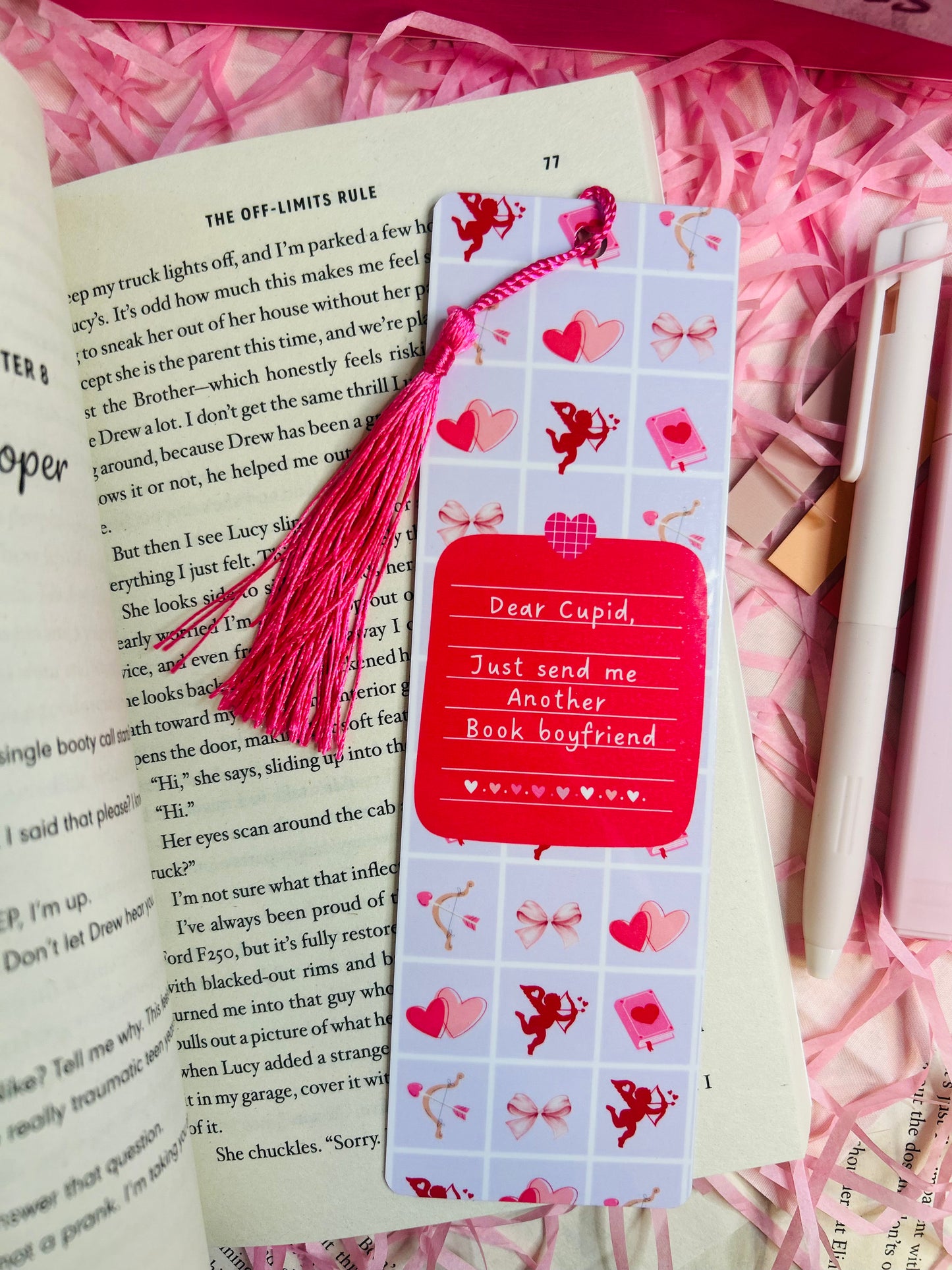 red and pink Bookmark with the text 'Dear Cupid, Send Me a Book Boyfriend,' perfect for romance readers looking for their next bookish crush