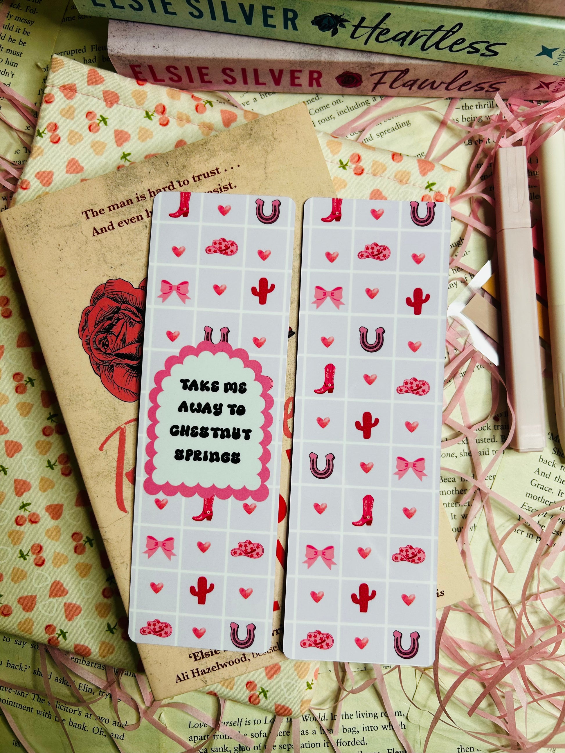 Western-themed bookmarks with the phrase 'Take Me Away to Chestnut Springs,' decorated with patterns of cowboy boots, cacti, hearts, bows, and horseshoes