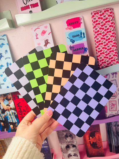 Double-sided checkered Kindle insert set, lime, orange, purple, and black-and-white checker patterns