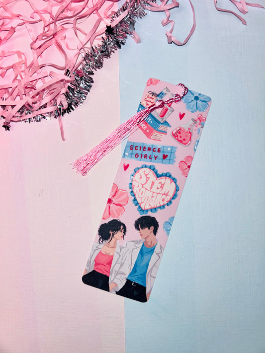 Pink science-themed romance bookmark with tassel and heart bow top