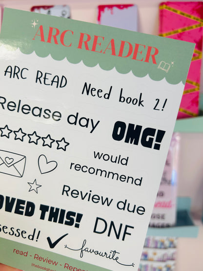 ARC Reader sticker sheet close-up with ARC READ, Need book 2!, OMG!, and review text