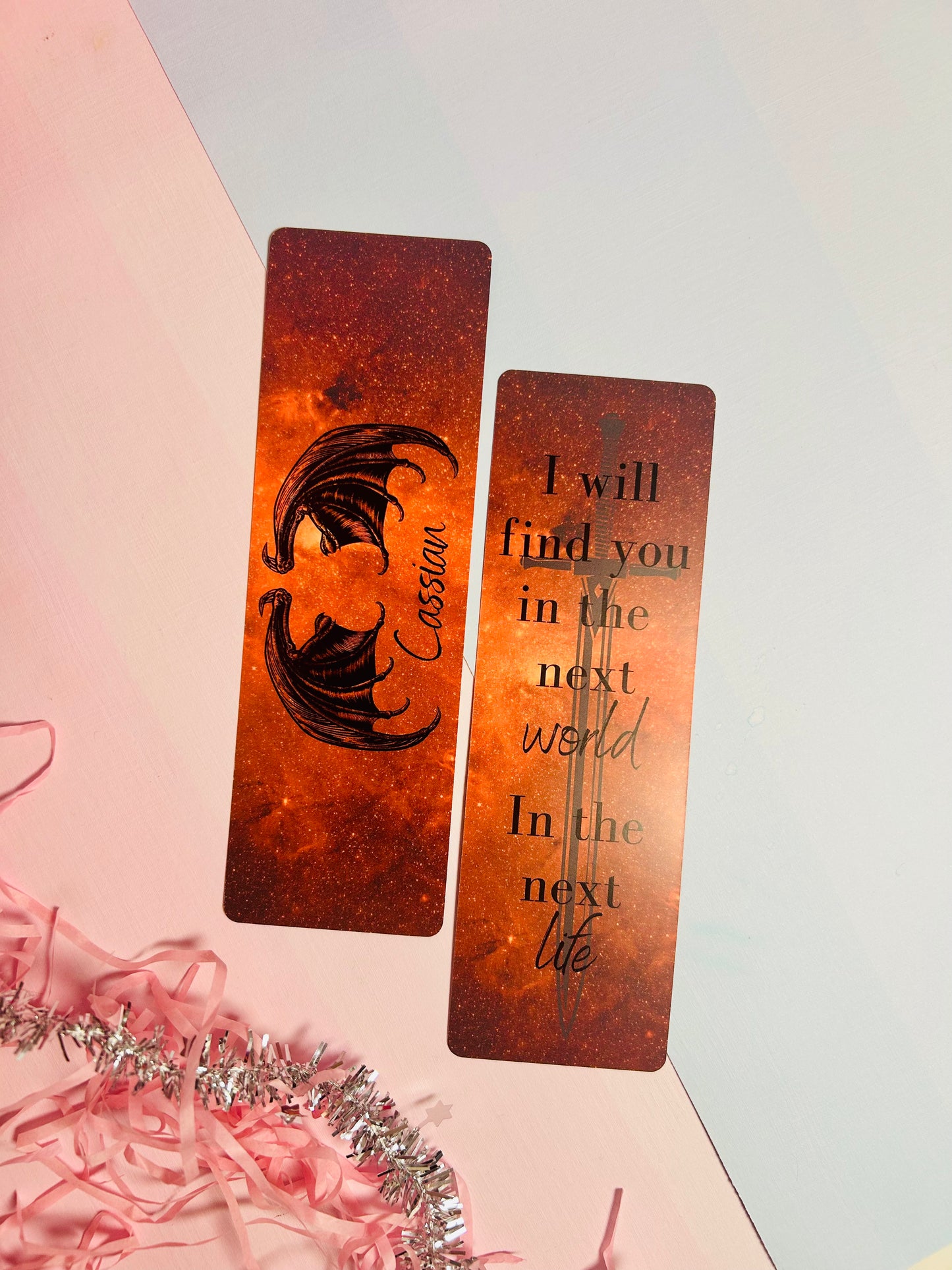 Orange glitter bookmark set: one face illustration with quote, two stacked cards