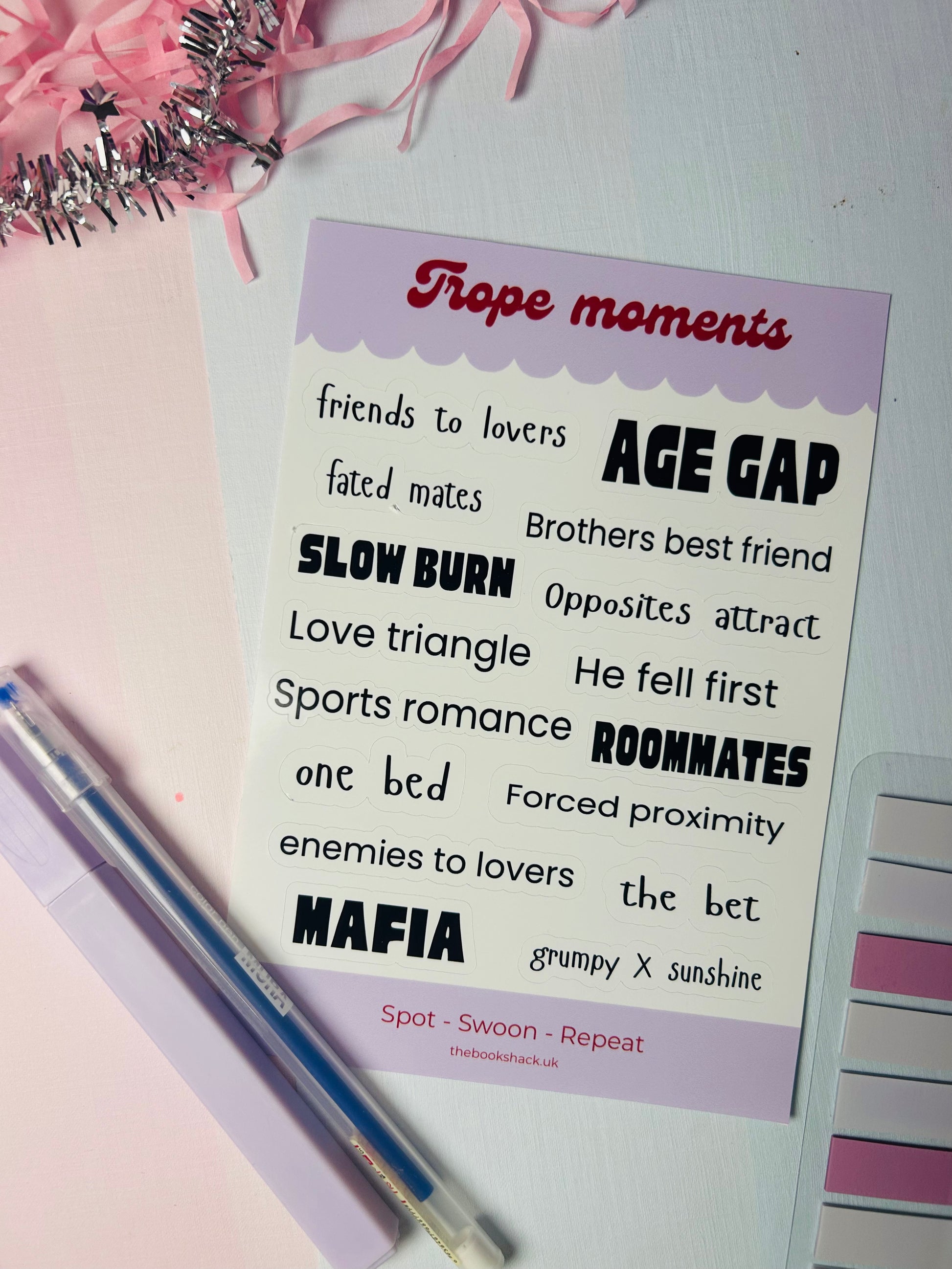 Trope moments sticker sheet with 'Age Gap', 'Slow Burn', 'Roommates' and 'Mafia' quotes