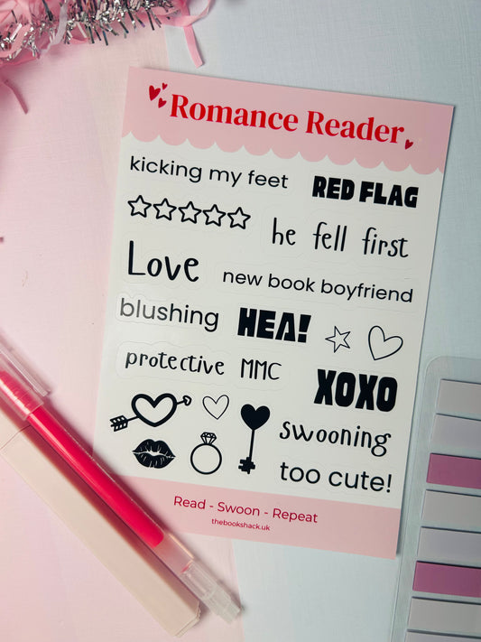 Sticker sheet with Romance Reader title, hearts, stars, and XOXO icons and phrases