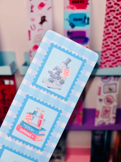 STEM romance postage stamp bookmark with three science stamp panels in light blue