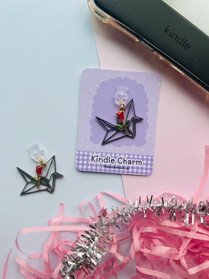 Alchemy Romance Inspired Kindle Charm – Crane & Red Rose Enamel Dust Plug (USB-C)