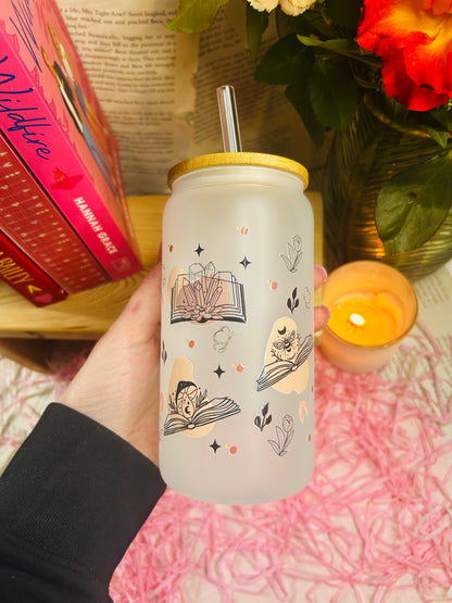 Frosted Glass celestial Bookish Cup with Glass Straw
