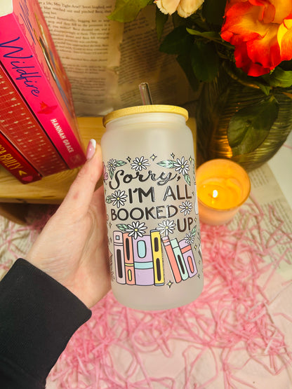 Frosted booked up Glass Cup with Glass Straw