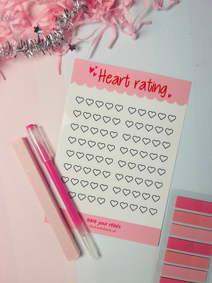 Heart rating sticker sheet with pink header and outlined heart rating rows