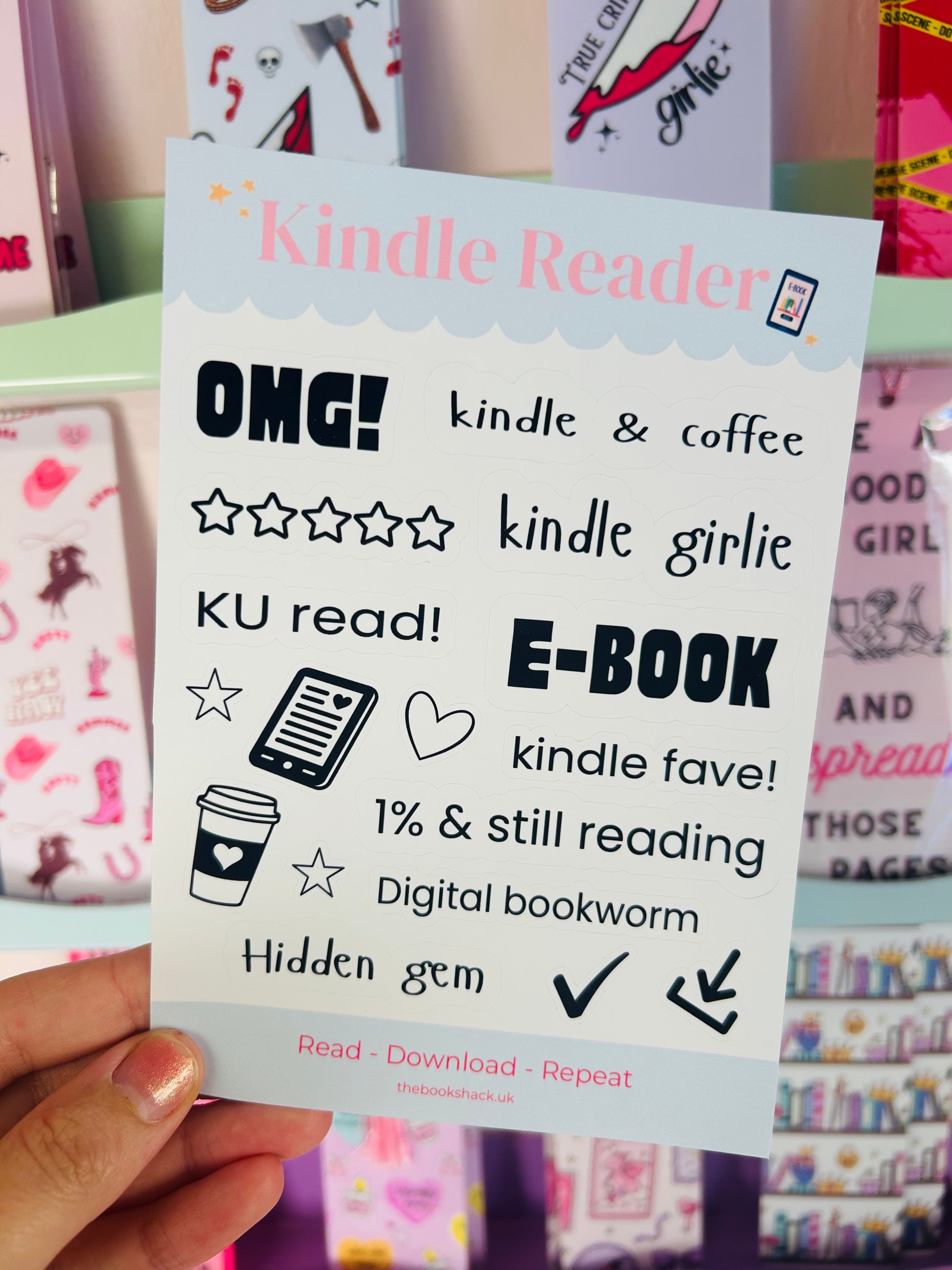 Bookish e-reader sticker sheet: 'kindle & coffee', 'E-BOOK', hearts and stars
