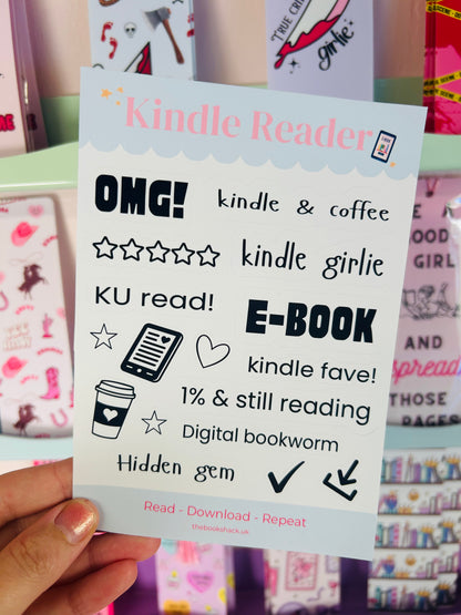 Bookish e-reader sticker sheet: 'kindle & coffee', 'E-BOOK', hearts and stars