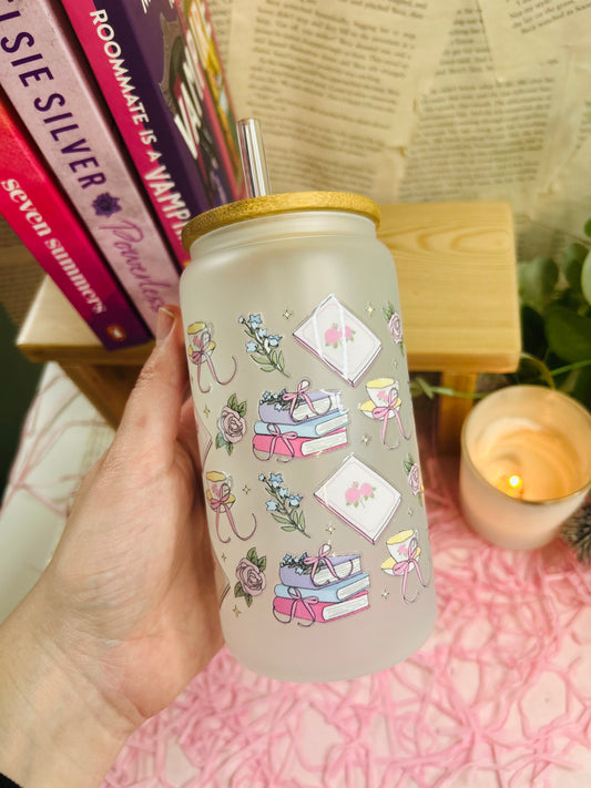 Frosted Glass romance Bookish Cup with Glass Straw