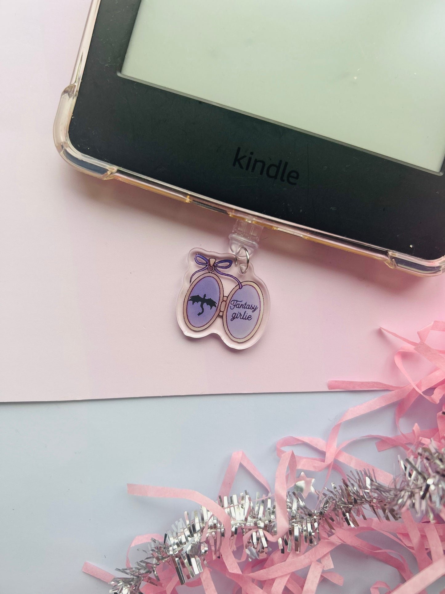 Fantasy Girlie Dragon Kindle Charm – USB-C Bookish Dust Plug for E-Readers