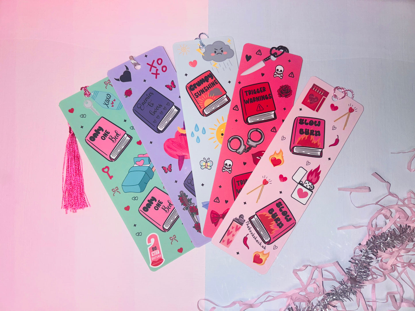 Romance trope bookmark set of colorful illustrated cards with tassels and heart icons