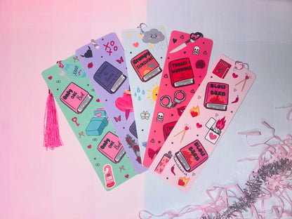 Romance trope bookmark set of colorful illustrated cards with tassels and heart icons