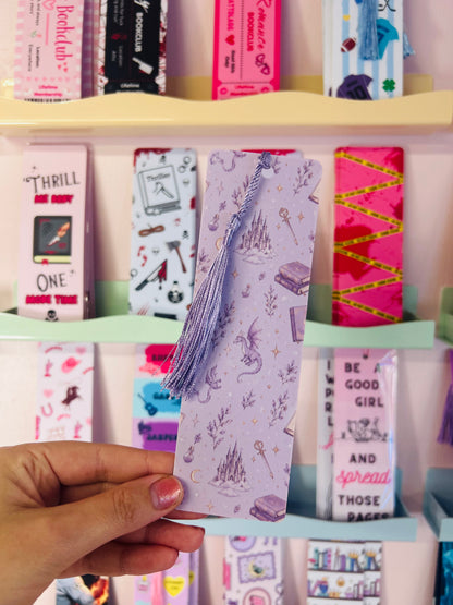 Whimsical Dragon Fantasy Bookmark – Purple Double-Sided Bookmark | Optional Tassel